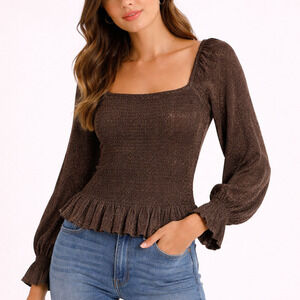 Anthro Bishop Metallic Smocked Blouse Small Brown Shimmer Peplum Square Neck